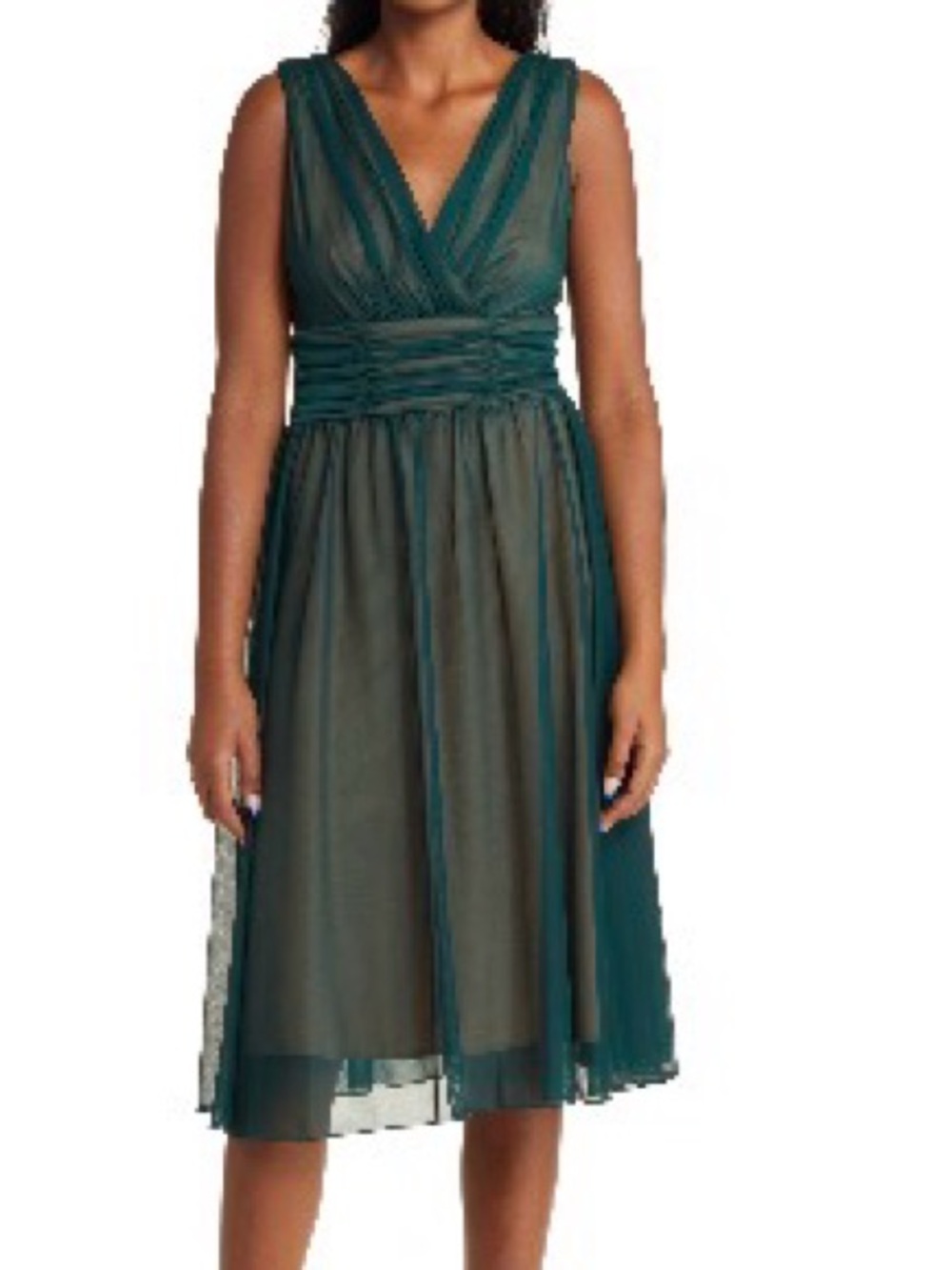 Nordstrom Chiffon Overlay Fit & Flare Dress in Hunter/Gold